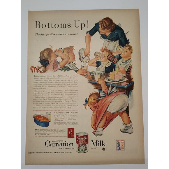 1943 Carnation Milk Print Ad Bottoms Up Party Scene Kids Drinking 1940s Ephemera - Picture 7 of 7